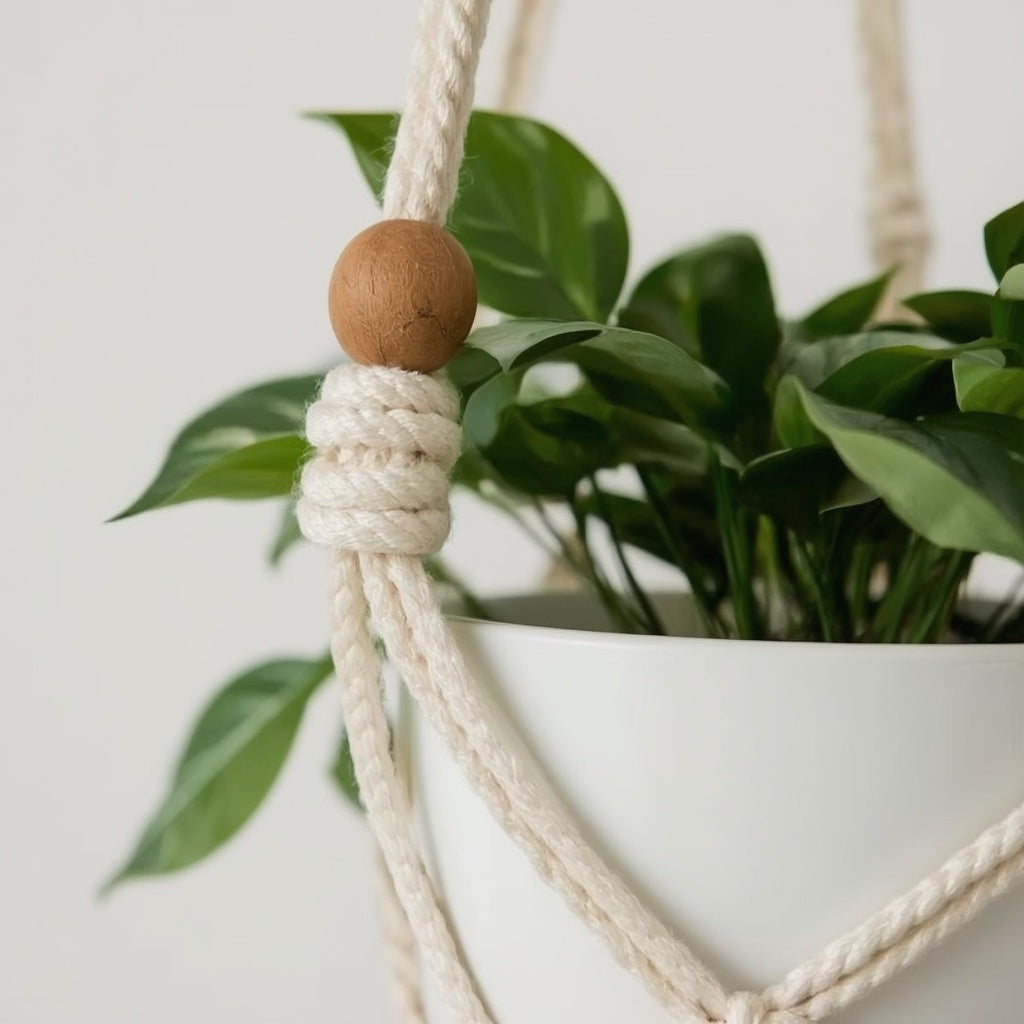Macrame Cotton Plant Hanger, 35 Inch Hand-Knotted Hanging Plant Holder with Wooden Beads