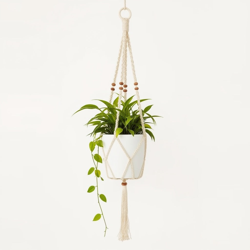 Macrame Cotton Plant Hanger, 35 Inch Hand-Knotted Hanging Plant Holder with Wooden Beads