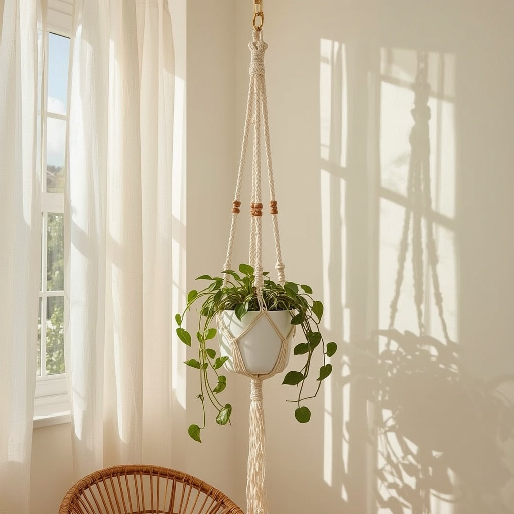 Macrame Cotton Plant Hanger, 35 Inch Hand-Knotted Hanging Plant Holder with Wooden Beads