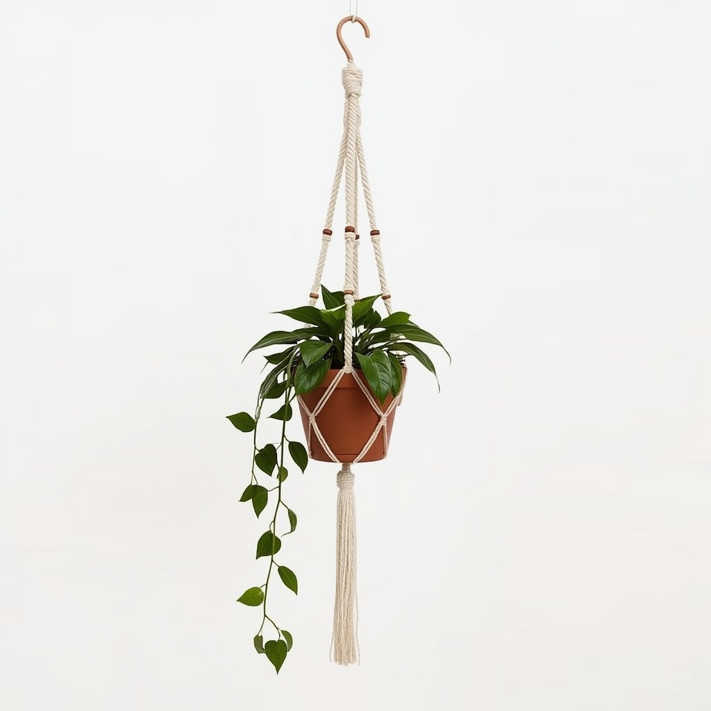 Macrame Cotton Plant Hanger, 35 Inch Hand-Knotted Hanging Plant Holder with Wooden Beads