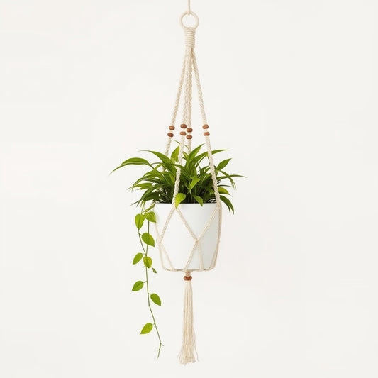 Macrame Cotton Plant Hanger, 35 Inch Hand-Knotted Hanging Plant Holder with Wooden Beads
