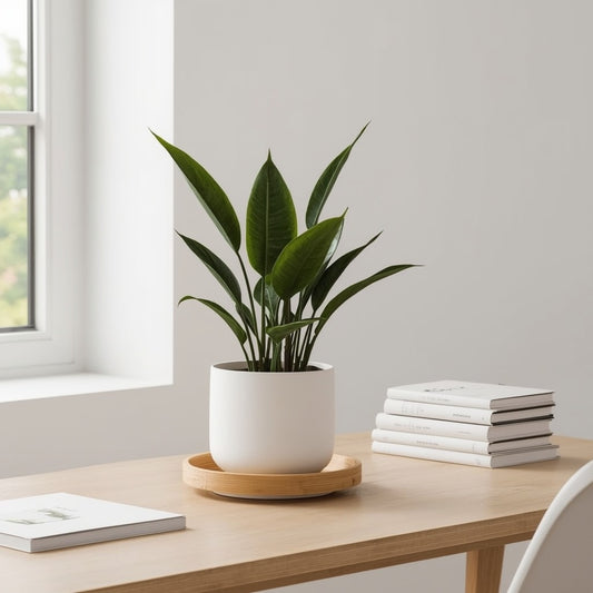 Matte White Stoneware Planter with Bamboo Tray, 6 Inch Ceramic Plant Pot with Drainage Hole