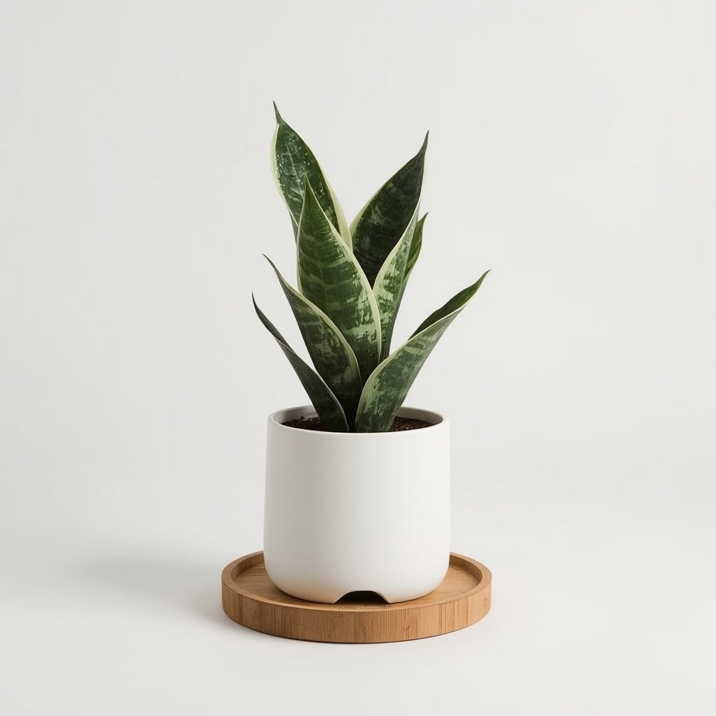 Matte White Stoneware Planter with Bamboo Tray, 6 Inch Ceramic Plant Pot with Drainage Hole