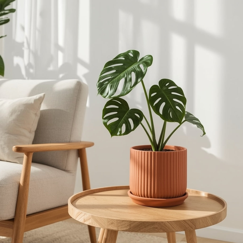 Terracotta Ribbed Planter with Saucer, 6 Inch Unglazed Clay Plant Pot with Drainage Hole
