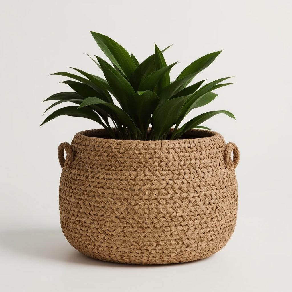 Woven Seagrass Basket Planter with Handles, 8 Inch Natural Plant Basket with Waterproof Lining